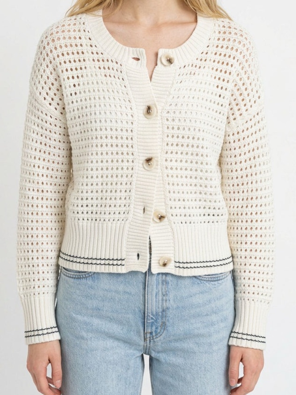 Cream Open-Knit Button Cardigan Sweater